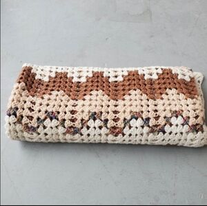 Vintage 60s White, Brown and Beige Retro Throw Blanket with Zig Zag Pattern